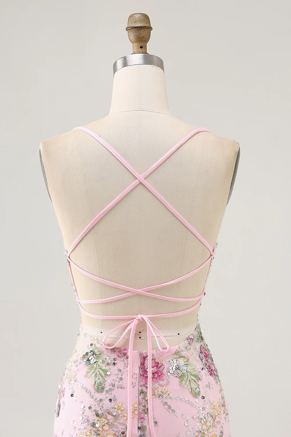 HEULORIA Floral Embroidered Sequin Bodycon Mini Dress with Sheer Mesh Cut-outs and Lace-Up Back ED-597