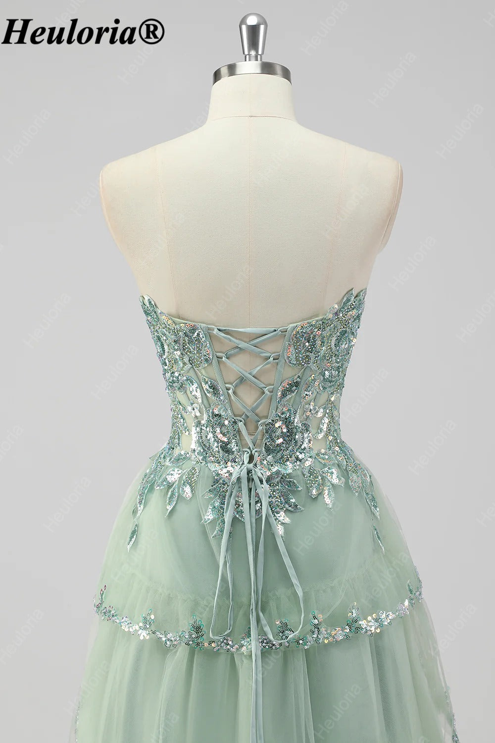 HEULORIA Sequin Lace Tiered Tulle Prom Dress with Spaghetti Straps ED-577