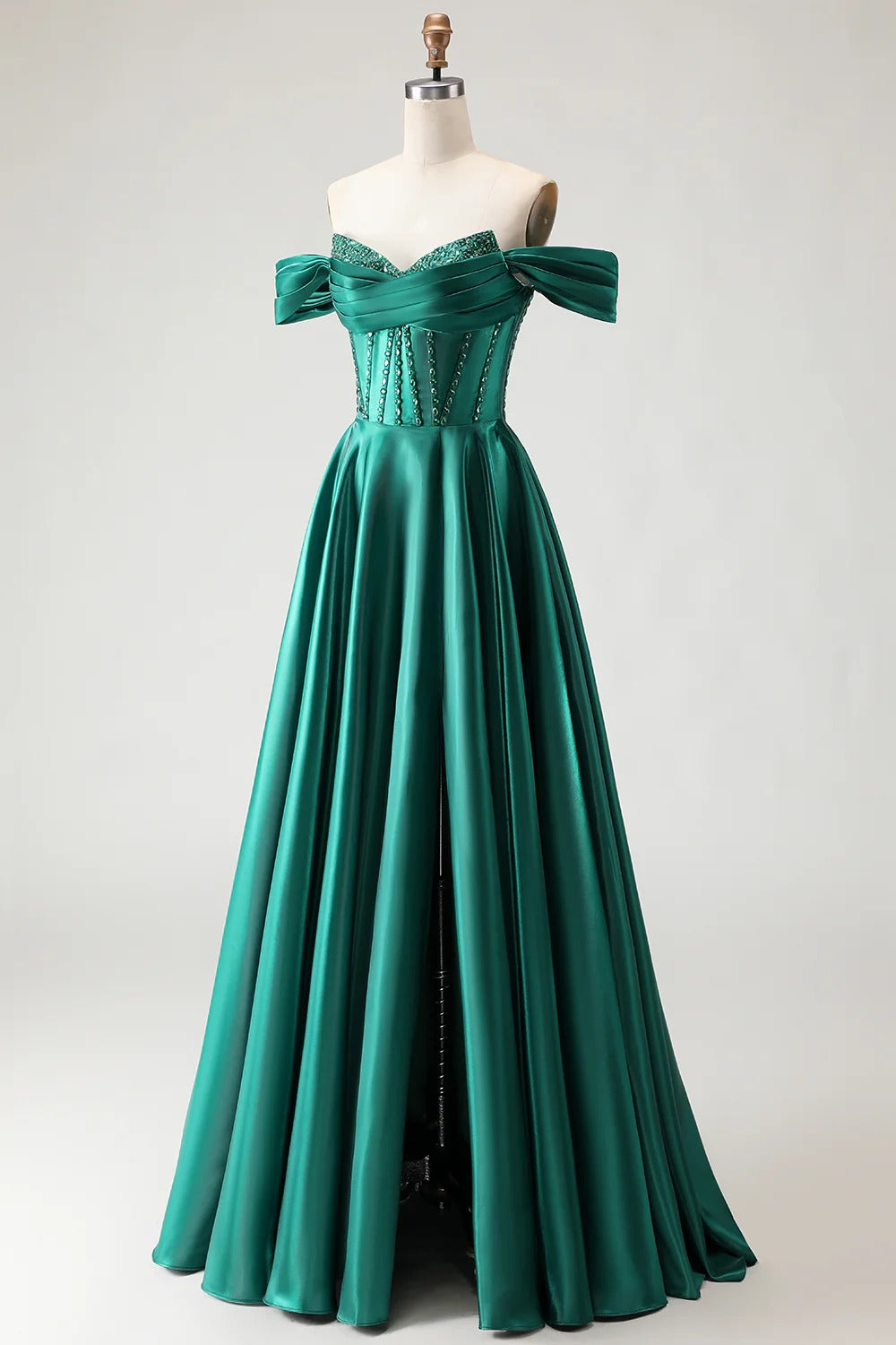 HEULORIA Off-the-Shoulder Sequin Beaded Satin Prom Dress with Slit & Corset Back ED-586