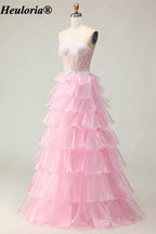heuloria Strapless Tiered Ruffle Prom Dress with Sheer Corset Bodice ed-510