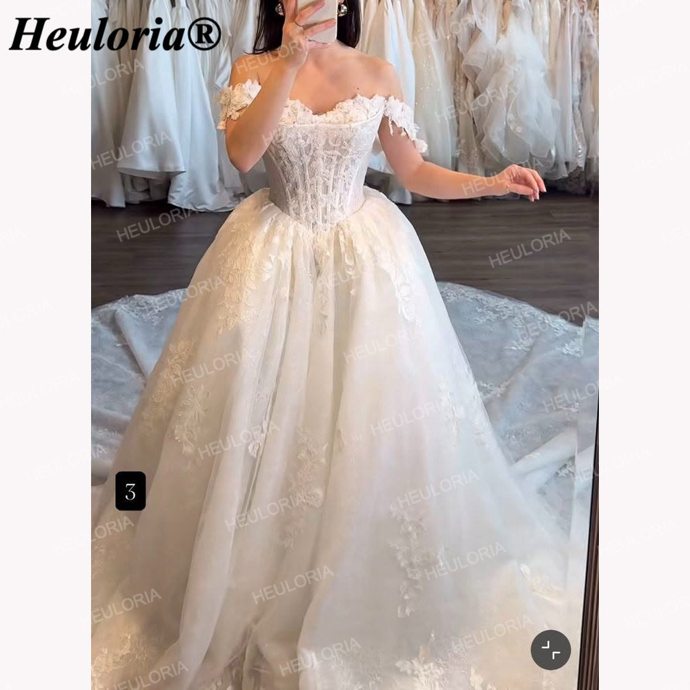 Off-Shoulder Floral Lace Ball Gown Wedding Dress with Corset Bodice BA-241