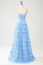 HEULORIA Strapless Sweetheart Lace Bodice Tiered Ruffle Chiffon Prom Gown - Available in Multiple Colors evening dresses ED-235