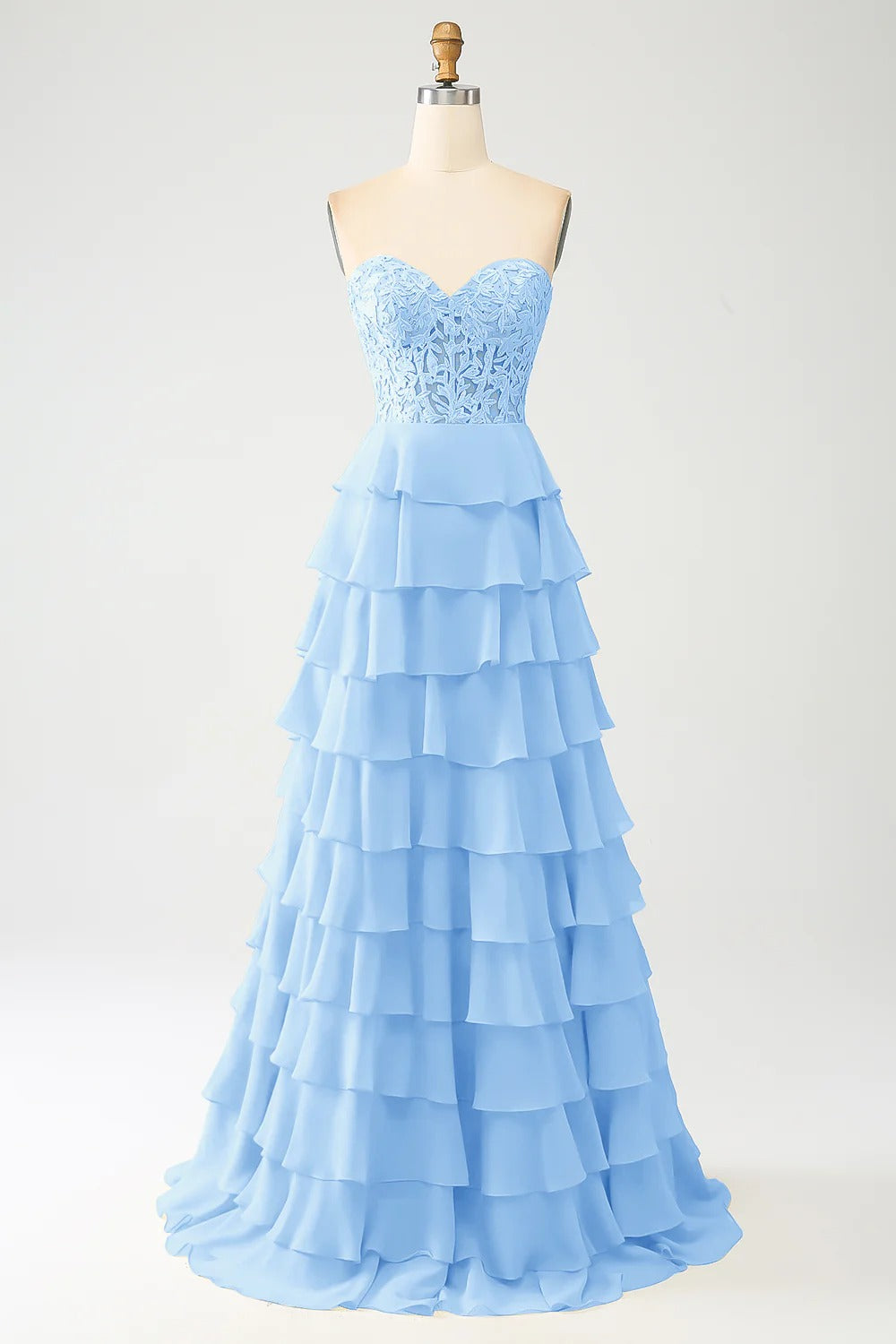 HEULORIA Strapless Sweetheart Lace Bodice Tiered Ruffle Chiffon Prom Gown - Available in Multiple Colors evening dresses ED-235