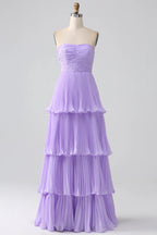 HEULORIA Strapless Tiered Pleated Chiffon Maxi Dress - Elegant Sleeveless Evening Gown ED-241