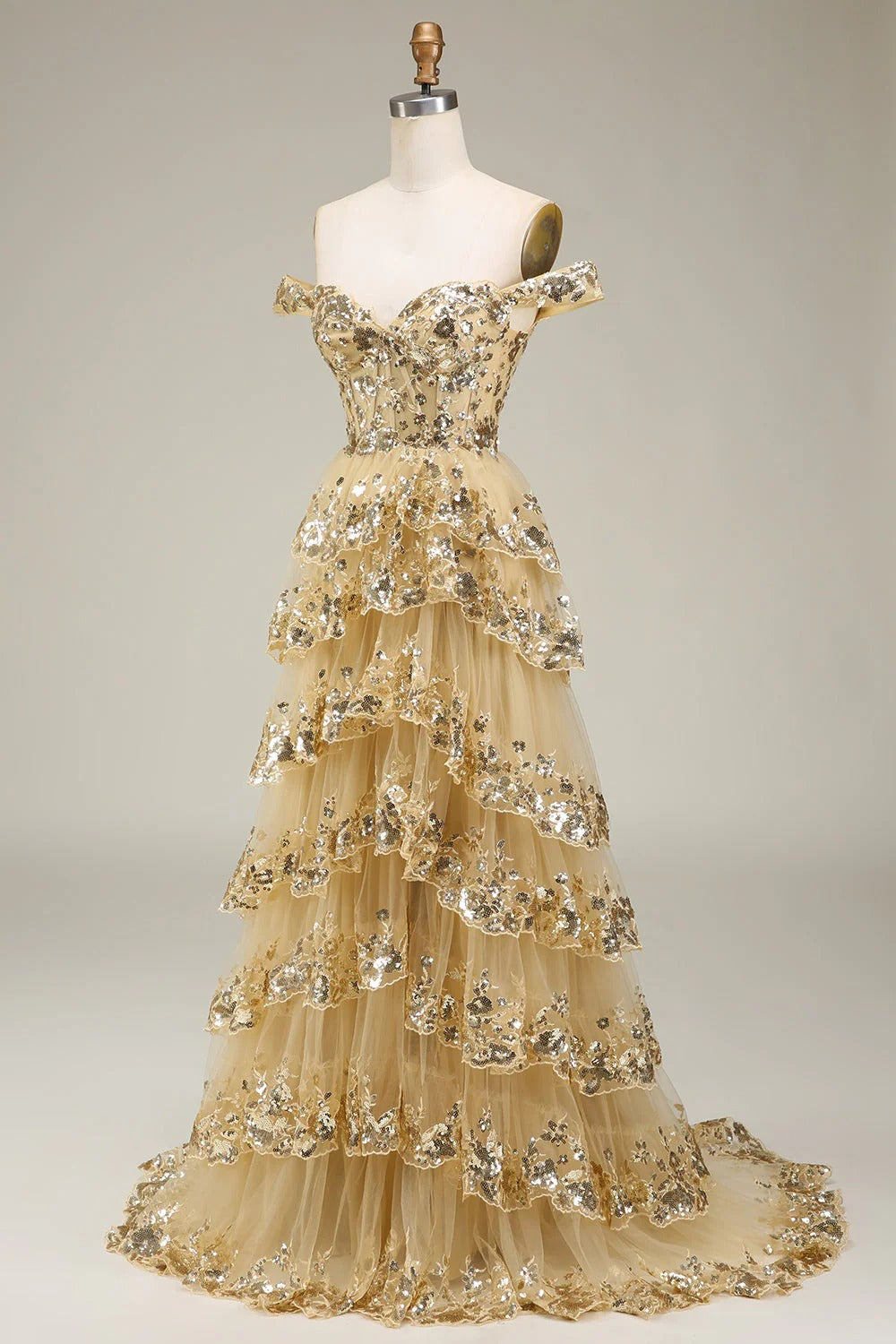 HEULORIA Off-the-Shoulder Tiered Tulle Prom Dress with Shimmering Sequins - Romantic Floor-Length Evening Gown ED-365