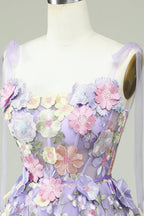 HEULORIA Enchanting Lavender 3D Floral Applique Tulle Prom Dress - Whimsical Tie-Strap Cocktail Party Gown ED-601