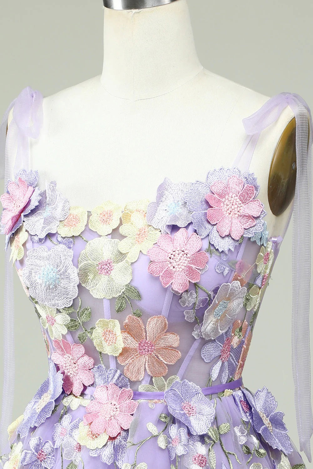 HEULORIA Enchanting Lavender 3D Floral Applique Tulle Prom Dress - Whimsical Tie-Strap Cocktail Party Gown ED-601