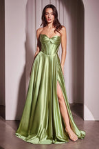 HEULORIA Strapless Sweetheart Satin Corset Prom Dress with Slit and Pockets ED-199