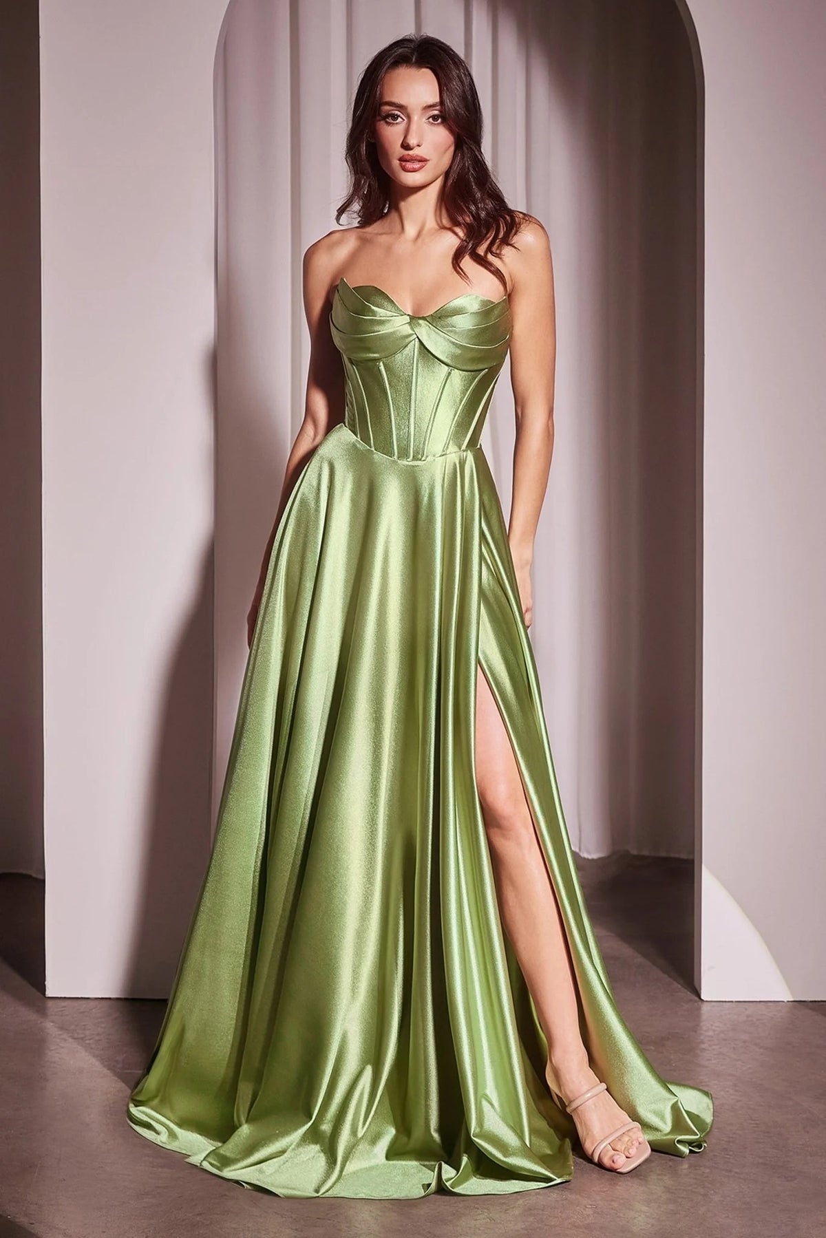HEULORIA Strapless Sweetheart Satin Corset Prom Dress with Slit and Pockets ED-199