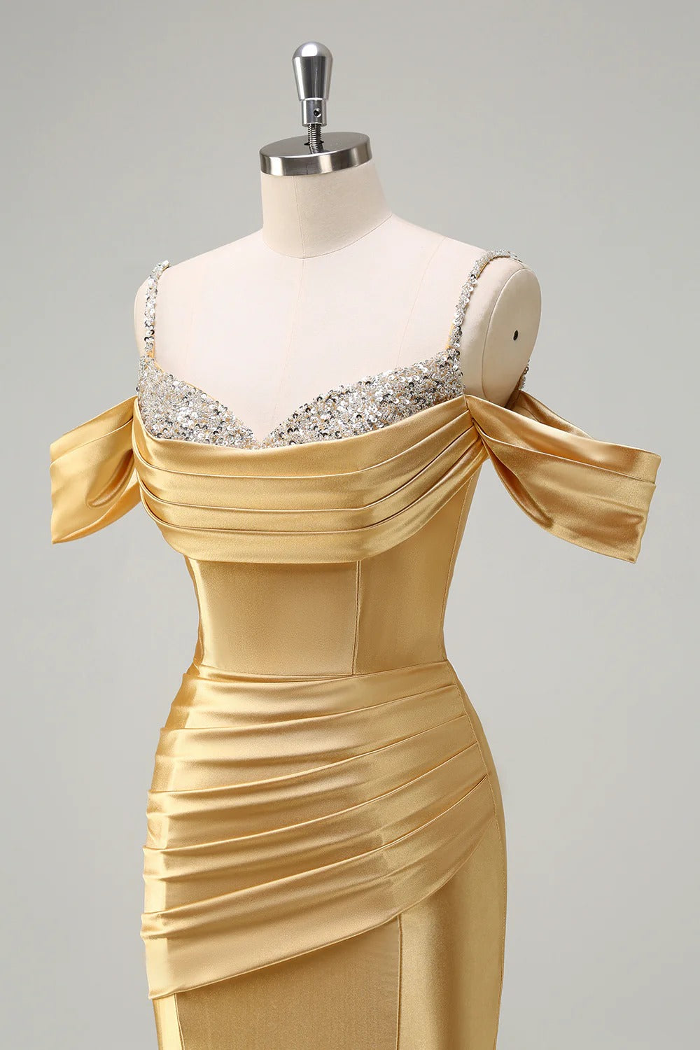 HEULORIA Elegant Ruched Satin Mermaid Evening Gown with Crystal Embellished Straps & Off-the-Shoulder Sleeves ED-349