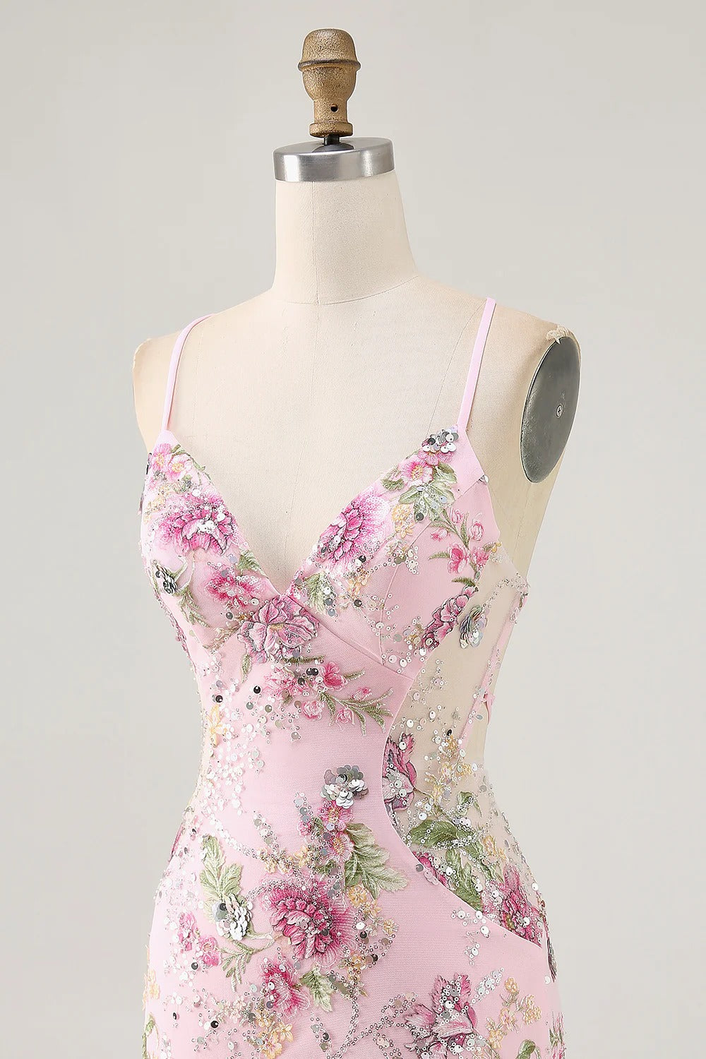 HEULORIA Floral Embroidered Sequin Bodycon Mini Dress with Sheer Mesh Cut-outs and Lace-Up Back ED-597