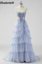 HEULORIA Sequin Lace Tiered Tulle Prom Dress with Spaghetti Straps ED-577
