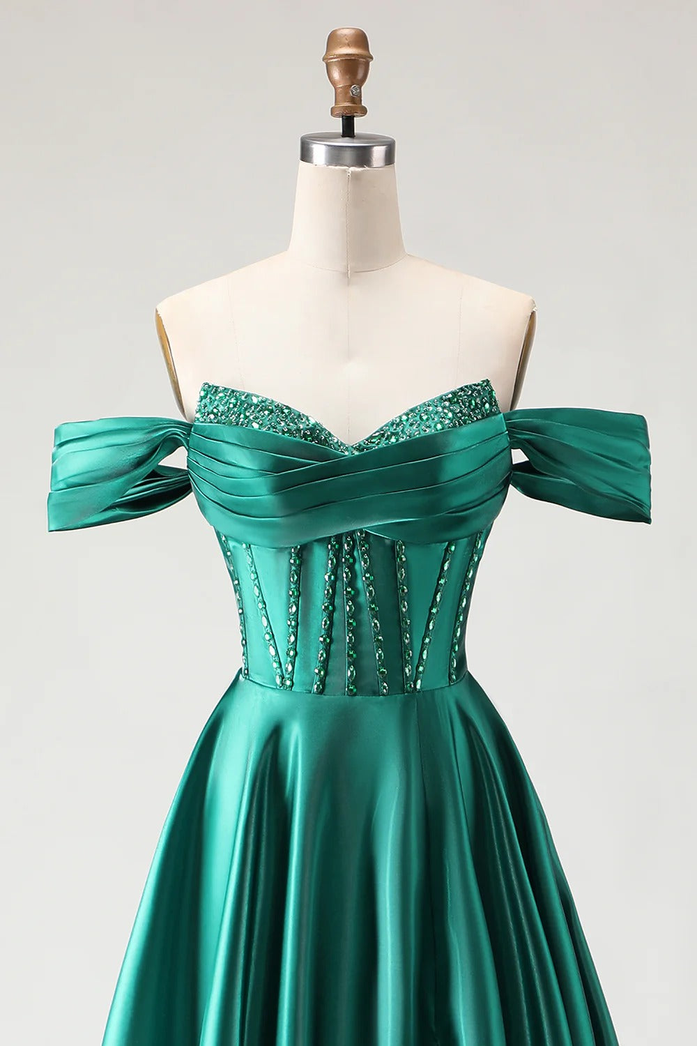 HEULORIA Off-the-Shoulder Sequin Beaded Satin Prom Dress with Slit & Corset Back ED-586