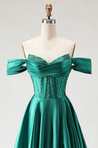 HEULORIA Off-the-Shoulder Sequin Beaded Satin Prom Dress with Slit & Corset Back ED-586