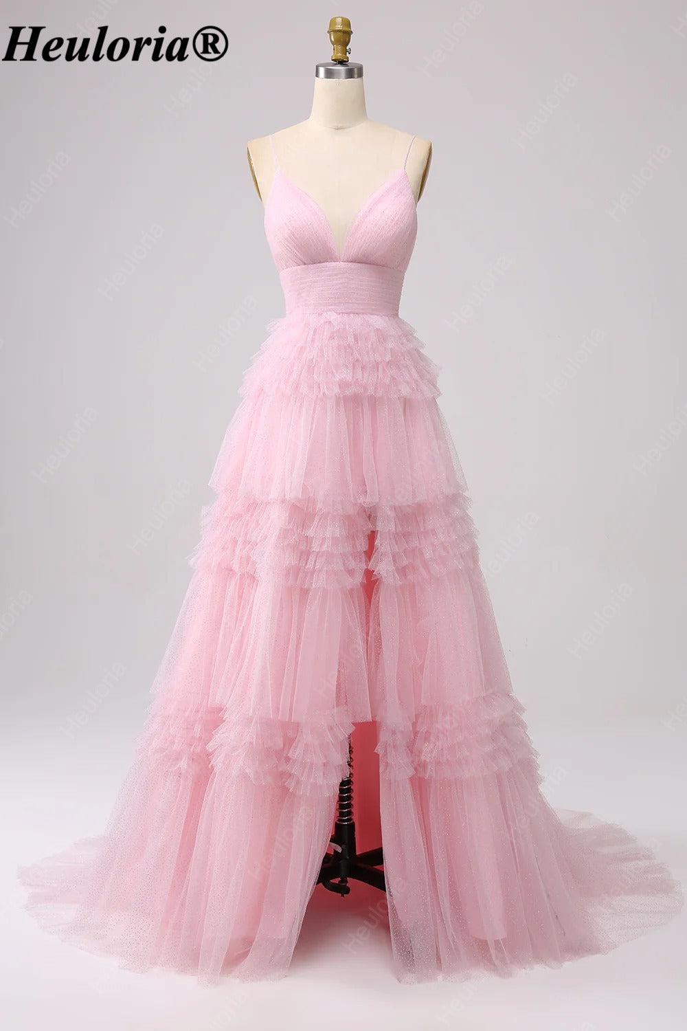 HEULORIA V-Neck Tiered Glitter Tulle Prom Dress with Spaghetti Straps ED-364