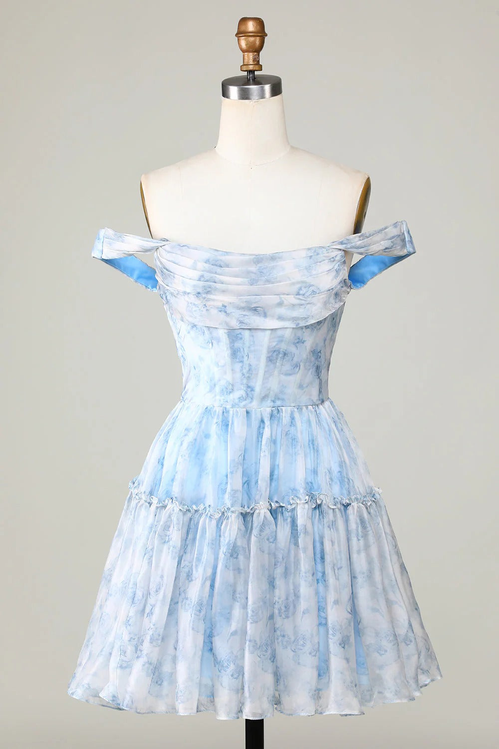 HEULORIA Ethereal Watercolor Floral Off-the-Shoulder Tiered Mini Dress ED-600