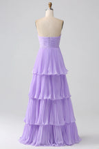 HEULORIA Strapless Tiered Pleated Chiffon Maxi Dress - Elegant Sleeveless Evening Gown ED-241