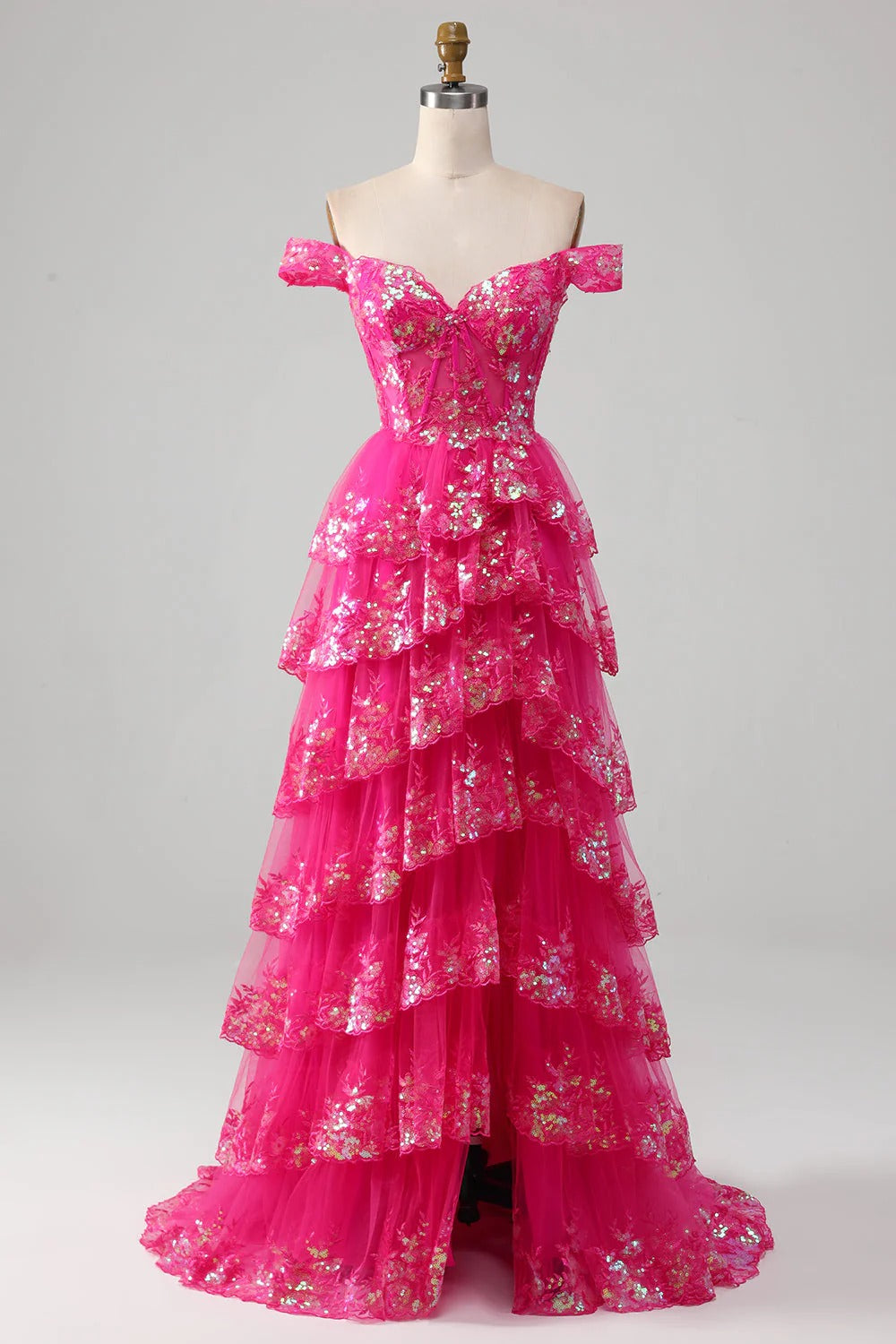 HEULORIA Off-the-Shoulder Tiered Tulle Prom Dress with Shimmering Sequins - Romantic Floor-Length Evening Gown ED-365