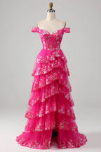 HEULORIA Off-the-Shoulder Tiered Tulle Prom Dress with Shimmering Sequins - Romantic Floor-Length Evening Gown ED-365