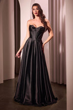 HEULORIA Strapless Sweetheart Satin Corset Prom Dress with Slit and Pockets ED-199