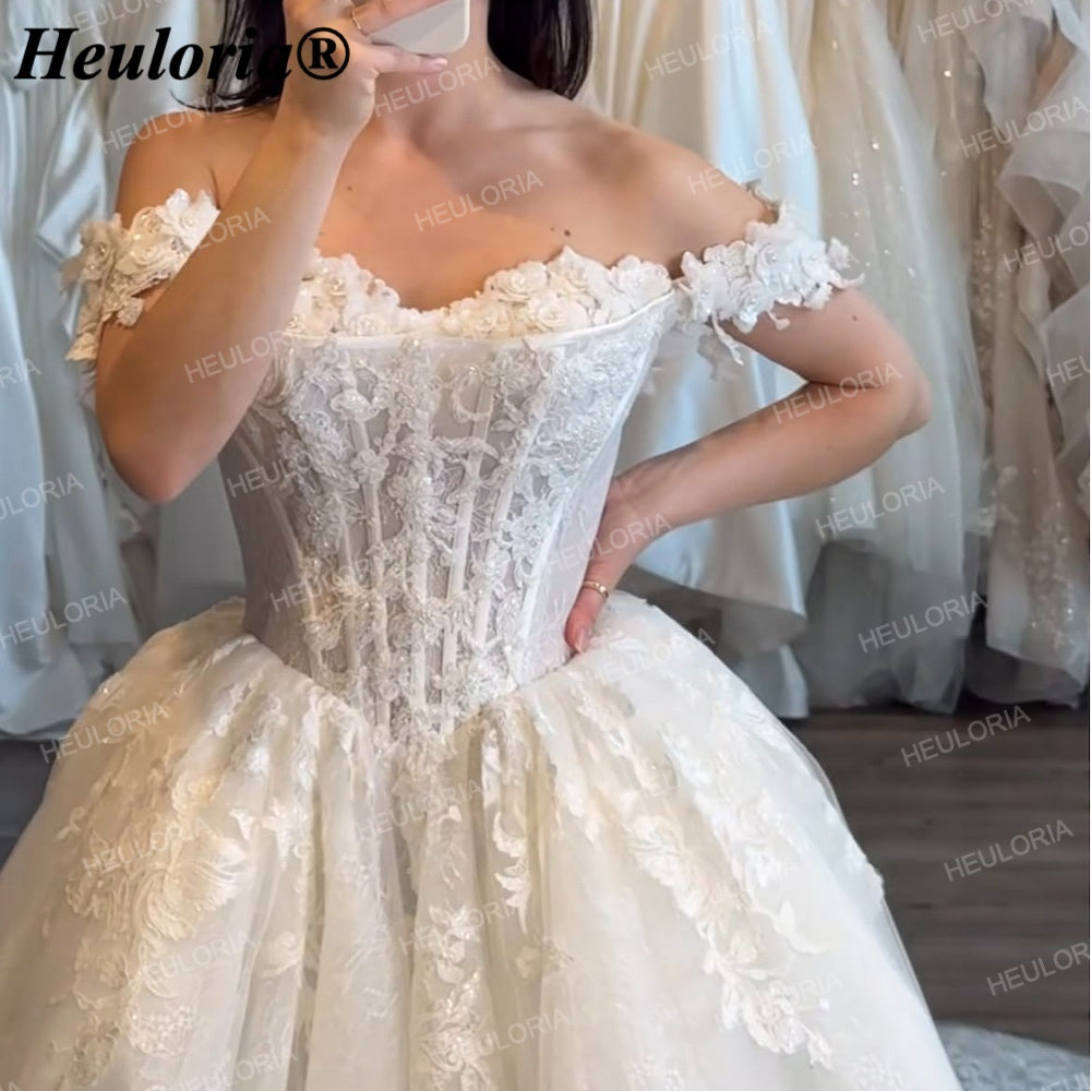 Off-Shoulder Floral Lace Ball Gown Wedding Dress with Corset Bodice BA-241