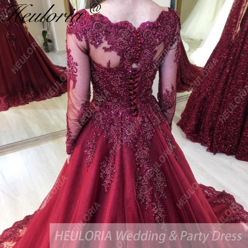 HEULORIA Ball-Gown/Princess Wedding Dress long sleeve V neck beads lace tulle bride dress BA-1252