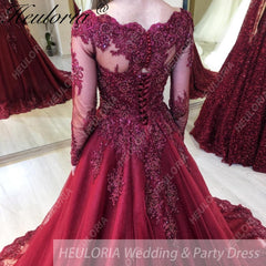 HEULORIA Ball-Gown/Princess Wedding Dress long sleeve V neck beads lace tulle bride dress BA-1252