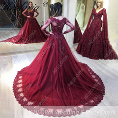 HEULORIA Ball-Gown/Princess Wedding Dress long sleeve V neck beads lace tulle bride dress BA-1252