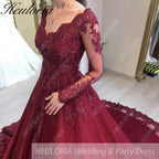 HEULORIA Ball-Gown/Princess Wedding Dress long sleeve V neck beads lace tulle bride dress BA-1252