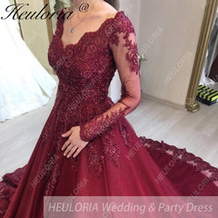 HEULORIA Ball-Gown/Princess Wedding Dress long sleeve V neck beads lace tulle bride dress BA-1252