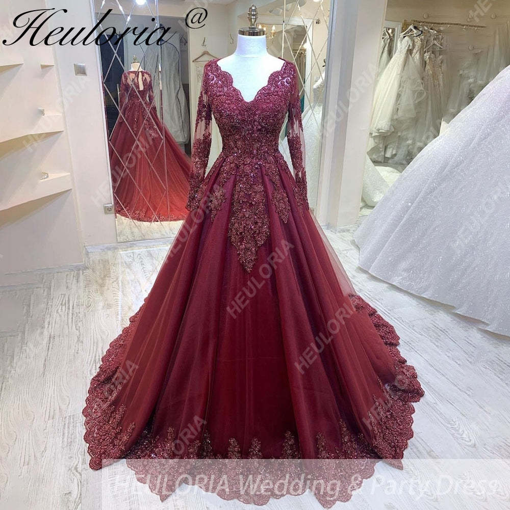 HEULORIA Ball-Gown/Princess Wedding Dress long sleeve V neck beads lace tulle bride dress BA-1252