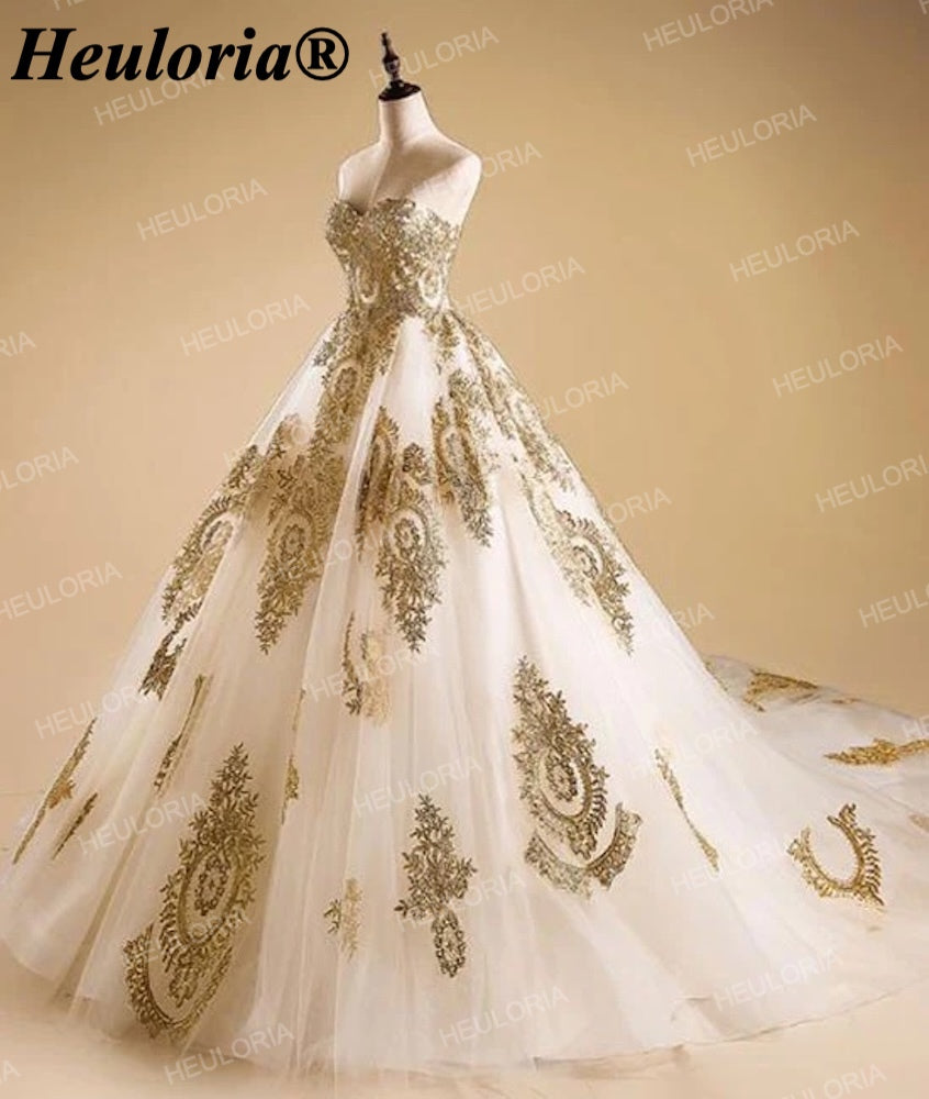 Luxury Gold Embroidered Sweetheart Ball Gown Wedding Dress with Cathedral Train BA-244