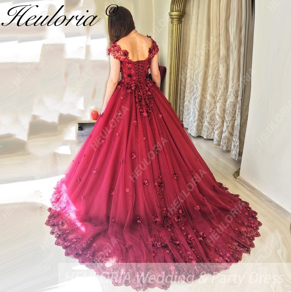 HEULORIA Ball-Gown/Princess Wedding Dress  V neck 3D floral lace tulle bride dress BA-1254