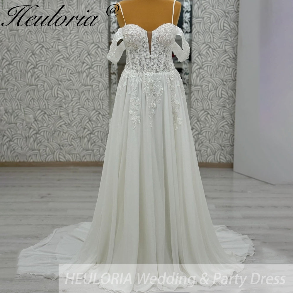 HEULORIA  elegant A line wedding dress off shoulder lace chiffon bridal dress Robe De Mariee Wedding Bride Dress AL-1054