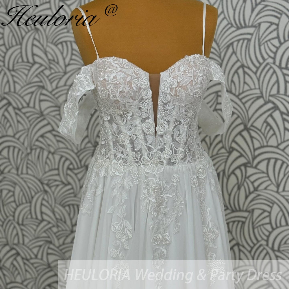 HEULORIA  elegant A line wedding dress off shoulder lace chiffon bridal dress Robe De Mariee Wedding Bride Dress AL-1054