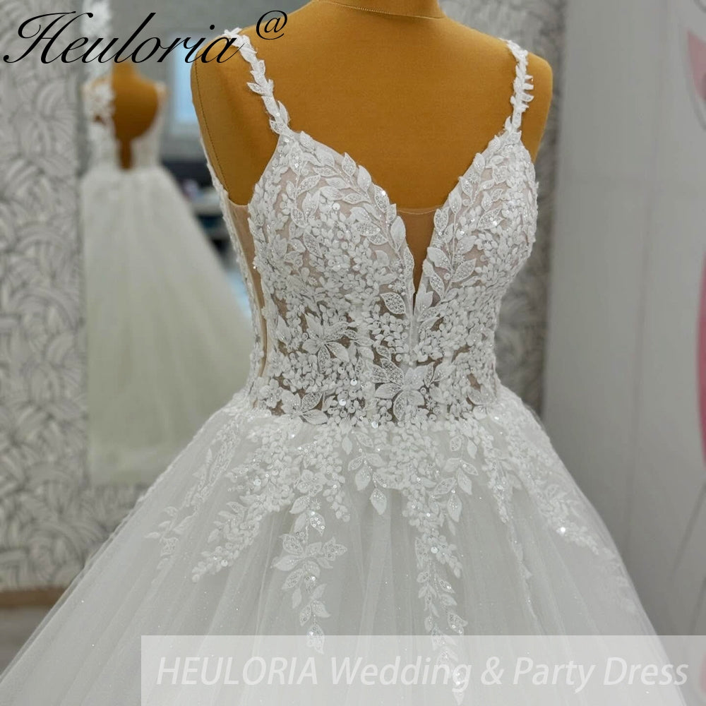 HEULORIA V Neck Sleeveless A line Wedding Dress Boho Lace Appliques Tulle Long Bridal Gowns Backless Vestidos de Novia Customized AL-1057