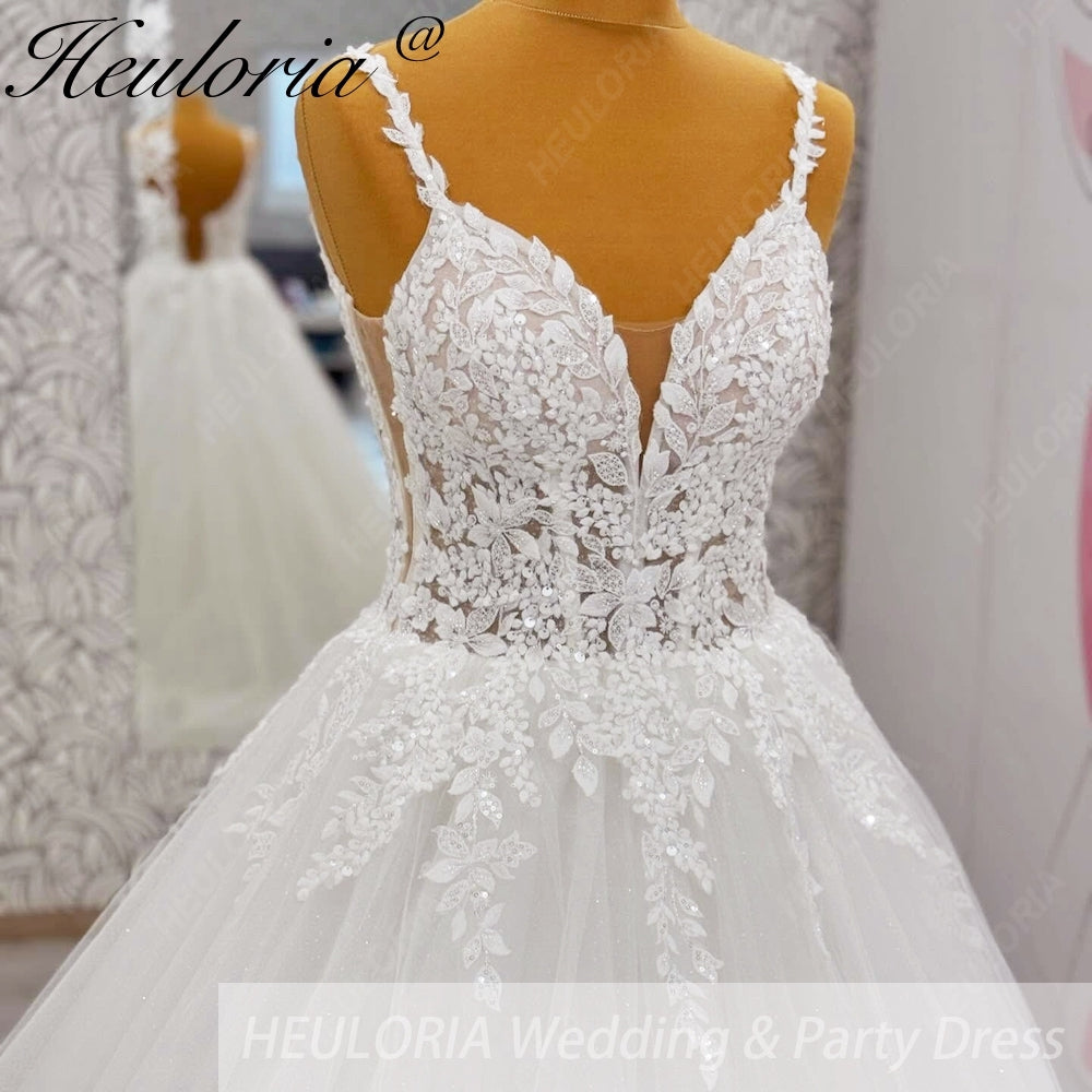 HEULORIA Sparkling Floral Lace V-Neck Wedding Dress - Leafy Straps & Shimmer Tulle Ballgown AL-1057