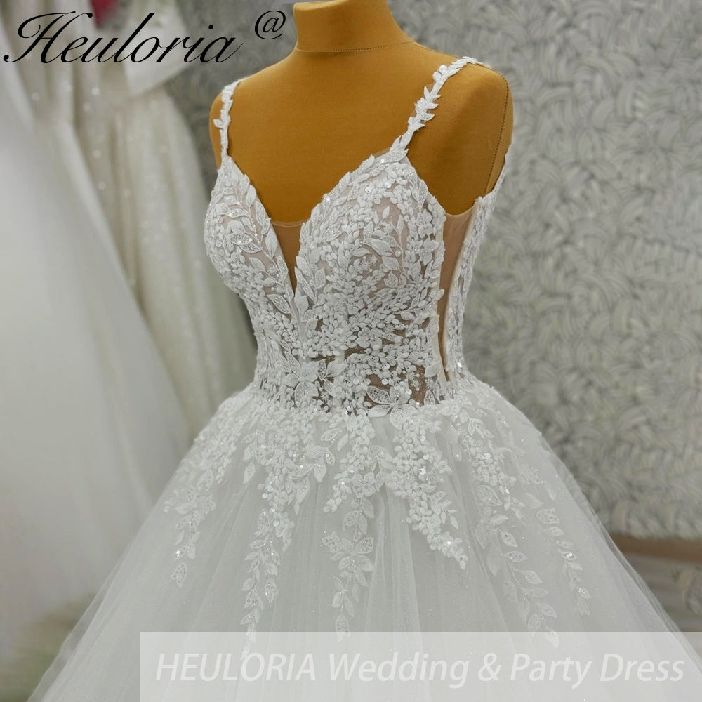 HEULORIA V Neck Sleeveless A line Wedding Dress Boho Lace Appliques Tulle Long Bridal Gowns Backless Vestidos de Novia Customized AL-1057 Secondary image