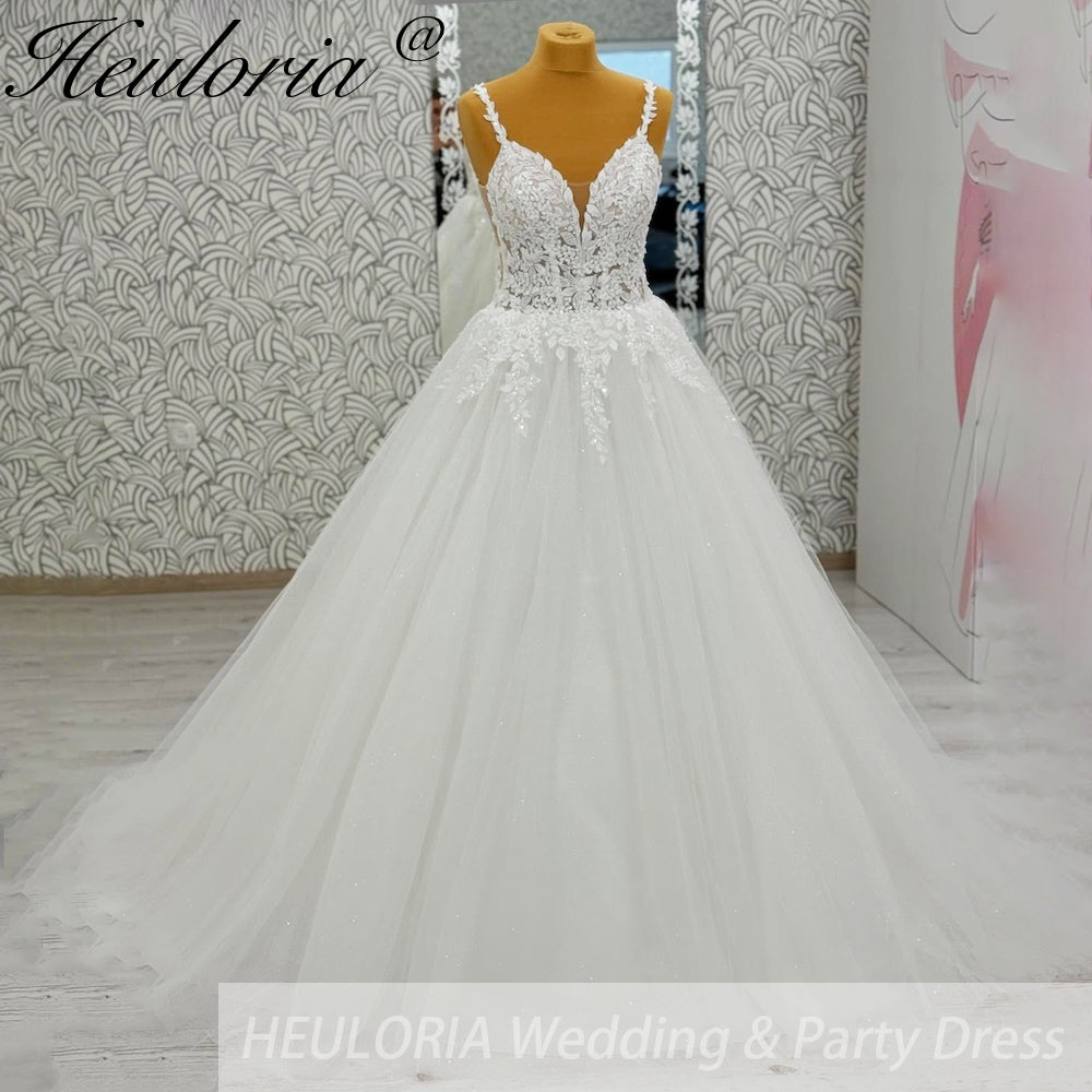 HEULORIA V Neck Sleeveless A line Wedding Dress Boho Lace Appliques Tulle Long Bridal Gowns Backless Vestidos de Novia Customized AL-1057