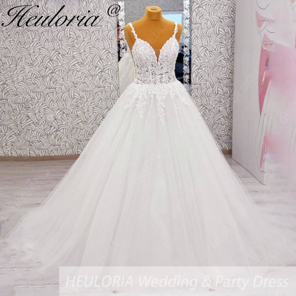 HEULORIA Sparkling Floral Lace V-Neck Wedding Dress - Leafy Straps & Shimmer Tulle Ballgown AL-1057