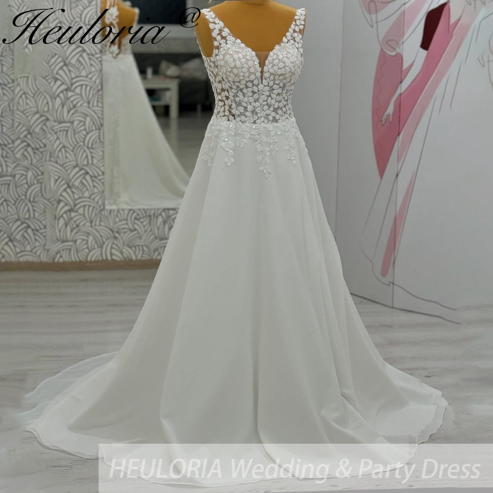 HEULORIA  elegant A line wedding dress V neck lace chiffon bridal dress Robe De Mariee Wedding Bride Dress AL-1055