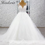 HEULORIA Ethereal Leaf Lace Plunging V-Neck A-Line Wedding Dress with Shimmer Tulle and Corset Back AL-1045