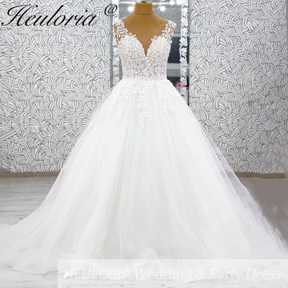 HEULORIA Ethereal Leaf Lace Plunging V-Neck A-Line Wedding Dress with Shimmer Tulle and Corset Back AL-1045