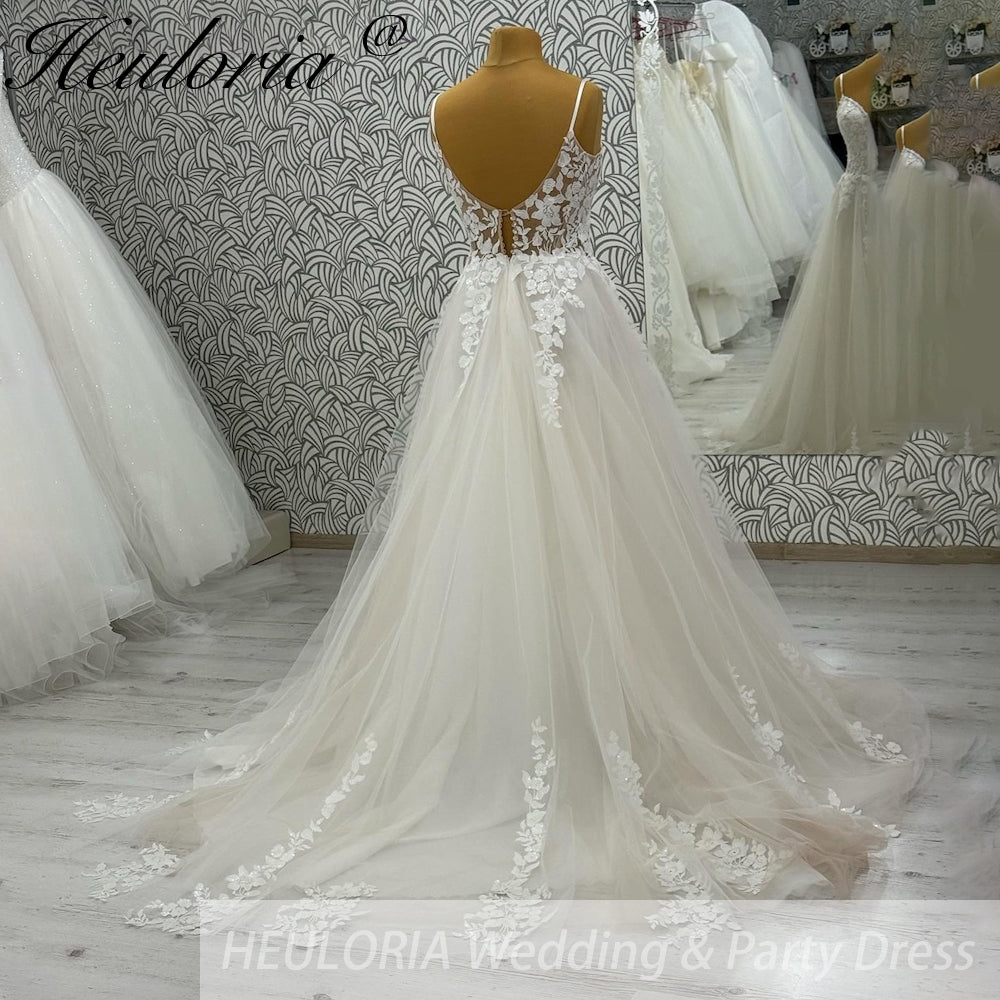 HEULORIA V Neck Sleeveless A line Wedding Dress Boho Lace Appliques Tulle Long Bridal Gowns Backless Vestidos de Novia Customized AL-1051