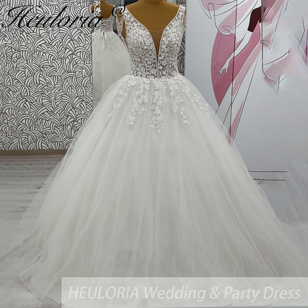 HEULORIA V Neck Sleeveless A lineWedding Dress Boho Lace Appliques Tulle Long Bridal Gowns Backless Vestidos de Novia Customized AL-1041 Main image
