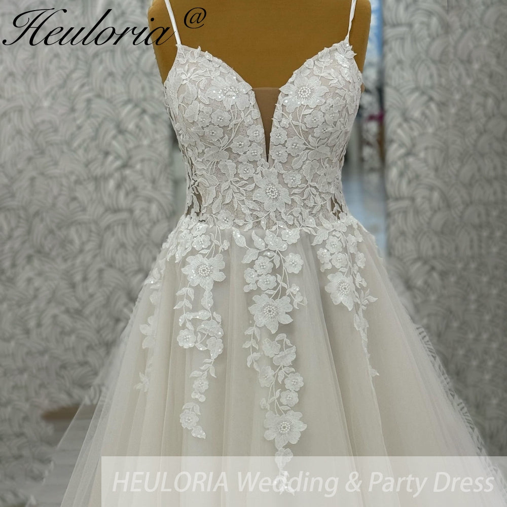 HEULORIA V Neck Sleeveless A line Wedding Dress Boho Lace Appliques Tulle Long Bridal Gowns Backless Vestidos de Novia Customized AL-1051