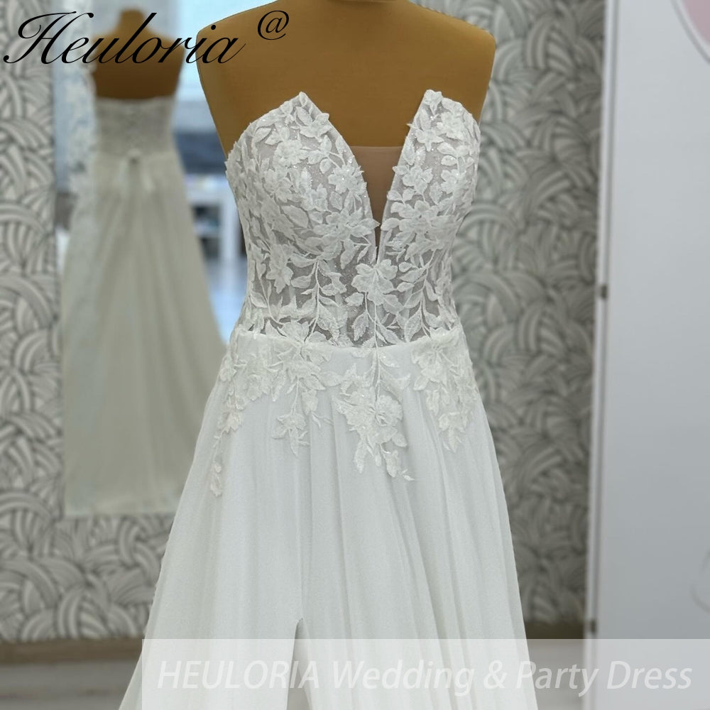 HEULORIA  elegant A line wedding dress Spaghetti Strap crepe lace chiffon bridal dress Robe De Mariee Wedding Bride Dress AL-1050