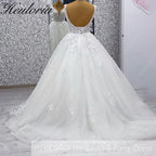 Heuloria Ethereal Deep V-Neck Leaf Lace Ballgown Wedding Dress with Shimmer Tulle & Corset Back BA-1047