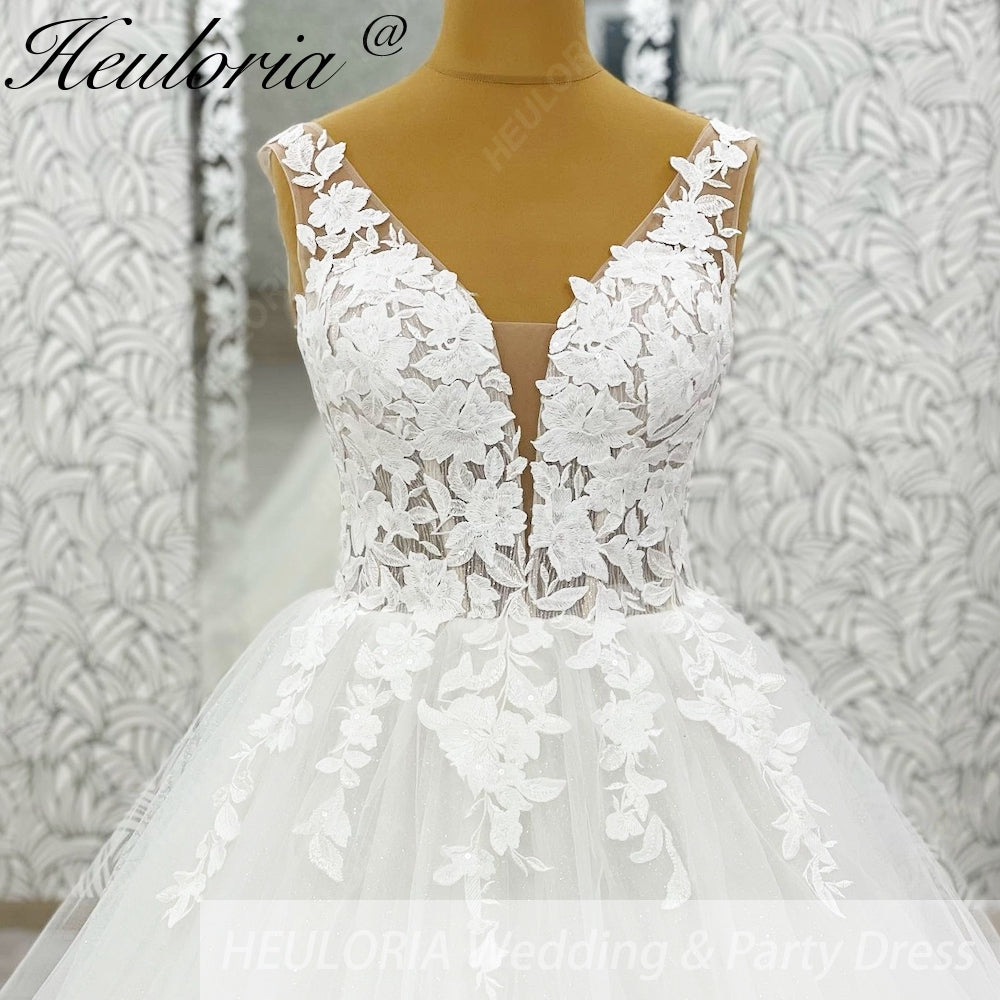 HEULORIA Romantic Illusion V-Neck Floral Lace A-Line Wedding Dress: Exquisite Appliques & Shimmering Tulle AL-1038