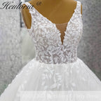 Heuloria Ethereal Deep V-Neck Leaf Lace Ballgown Wedding Dress with Shimmer Tulle & Corset Back BA-1047